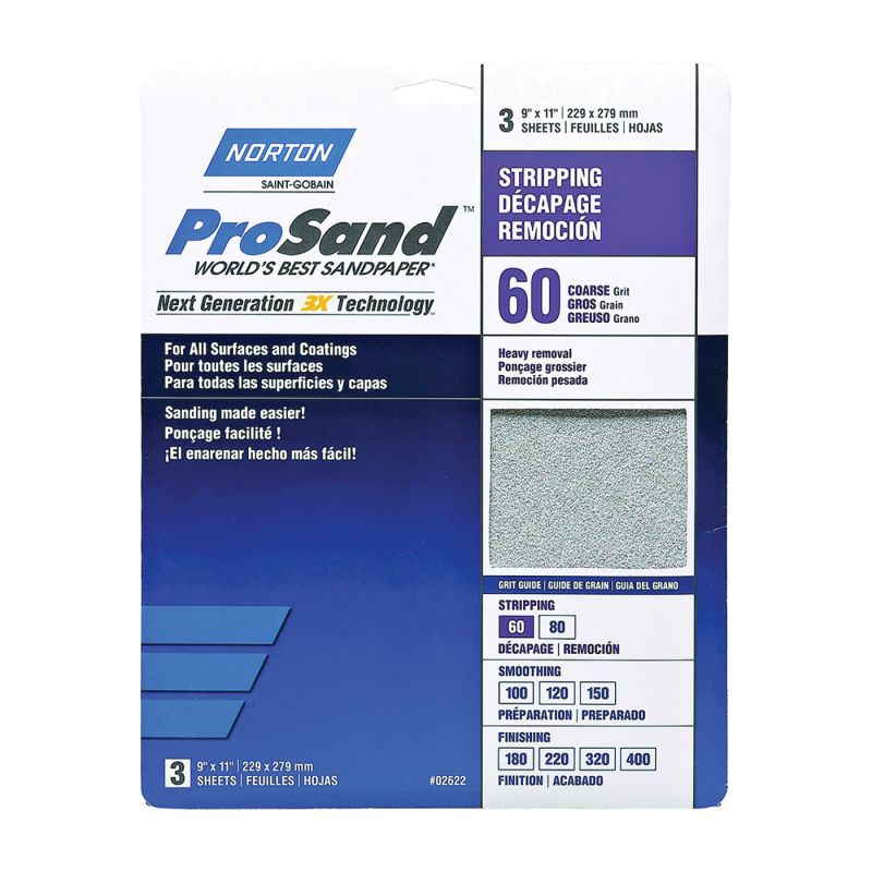 Norton ProSand 07660768164 Sanding Sheet, 11 in L, 9 in W, Coarse, 60 Grit, Aluminum Oxide Abrasive, Paper Backing Tan