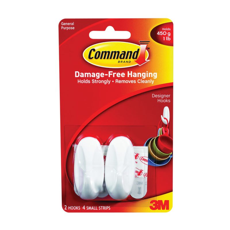 Command 17082 Designer Hook, 1/4 in Opening, 1 lb, 2-Hook, Plastic, White White (Pack of 6)