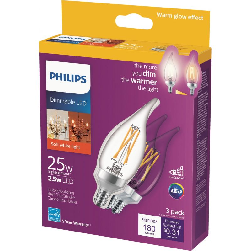 Philips Warm Glow BA11 Candelabra Dimmable LED Decorative Light Bulb