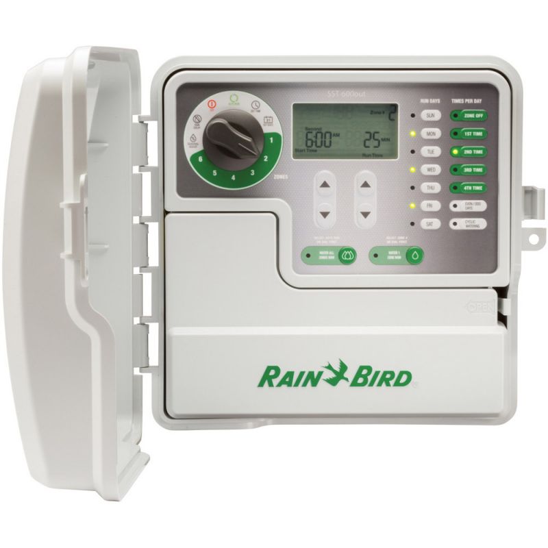 Rain Bird SST-1200OUT Irrigation Timer, 25.5/120 VAC, 6 -Zone, 1 -Program, LCD Display, White White