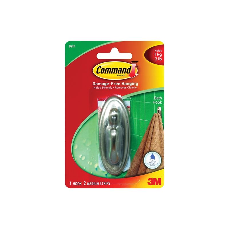 Command 17051BN-B Decorative Hook, 3 lb, 1-Hook, Plastic, Silver, Brushed Nickel Silver
