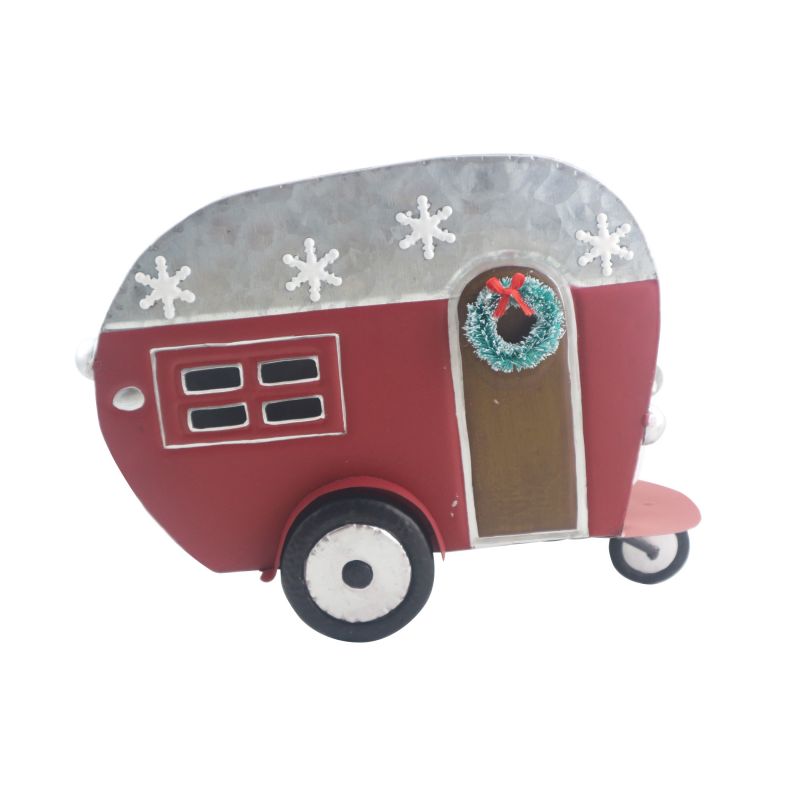 Santas Forest 22529 Christmas Collectible, 8.7 in H, Trailer, 92% Metal &amp; 8% PVC, Red/Silver Red/Silver