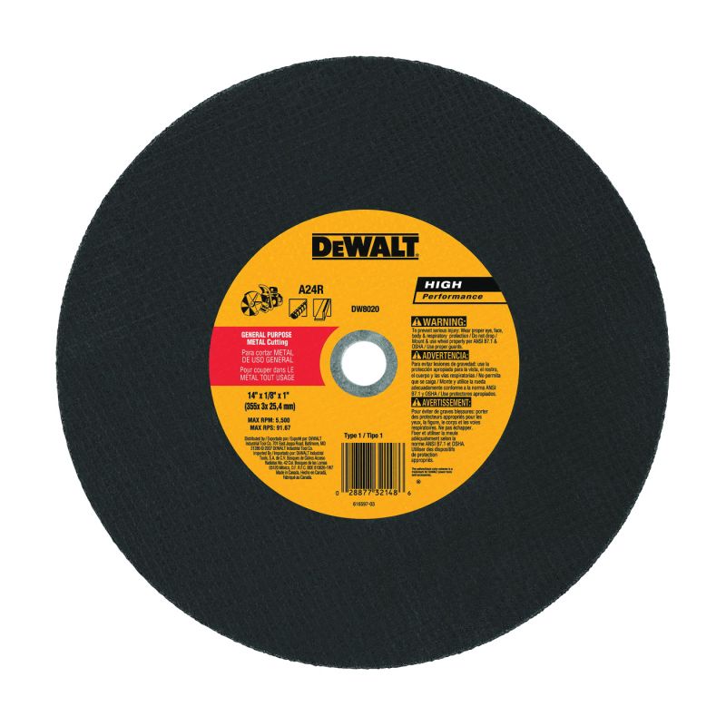 DeWALT DW8020 Cutting Wheel, 14 in Dia, 1/8 in Thick, 1 in Arbor, Aluminum Oxide Abrasive
