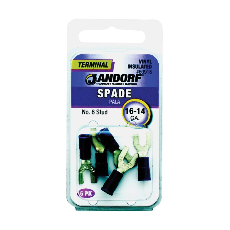 Jandorf 60918 Spade Terminal, 600 V, 16 to 14 AWG Wire, #6 Stud, Vinyl Insulation, Copper Contact, Blue Blue