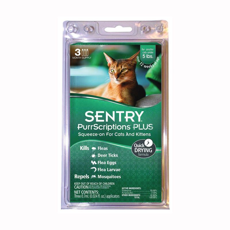 Sentry PurrScriptions Plus 01980 Flea and Tick Squeeze-On, Liquid, Mild Acetate, 3 Count Clear