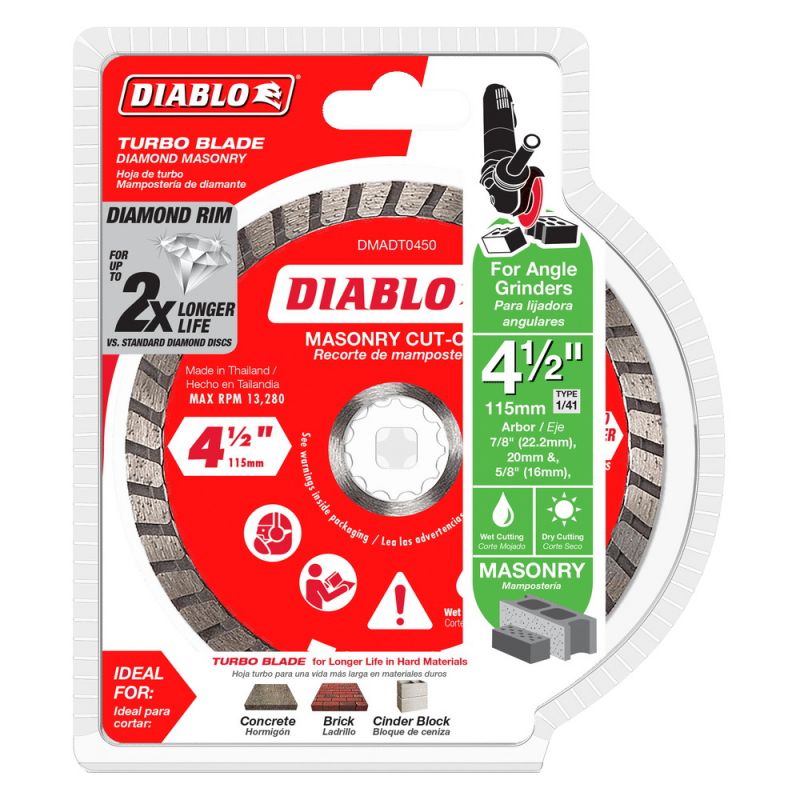 Diablo DMADT0450 Cut-Off Disc, 4-1/2 in Dia, 7/8 in, 5/8 in, 20 mm Arbor, Diamond Cutting Edge, Turbo Rim