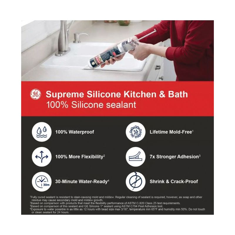 GE Supreme Silicone 2823400 Kitchen &amp; Bath Sealant, White, 24 hr Curing, 2.8 fl-oz Squeeze Tube White (Pack of 12)