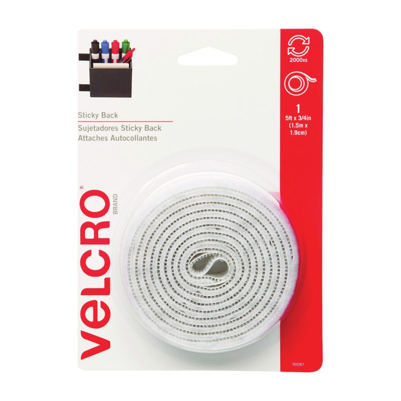 VELCRO Brand 90087 Fastener, 3/4 in W, 5 ft L, Nylon, White, 5 lb, Rubber Adhesive White