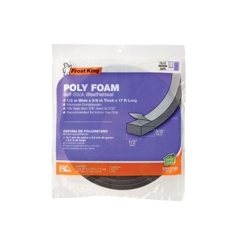 Frost King L347 Foam Tape, 1/2 in W, 17 ft L, 3/8 in Thick, Polyfoam, Charcoal Charcoal