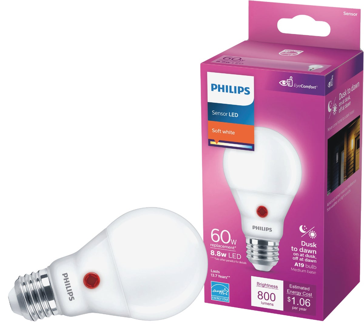 Philips 60W Equivalent Soft White A19 Medium Dusk To Dawn LED Light Bulb 466565 