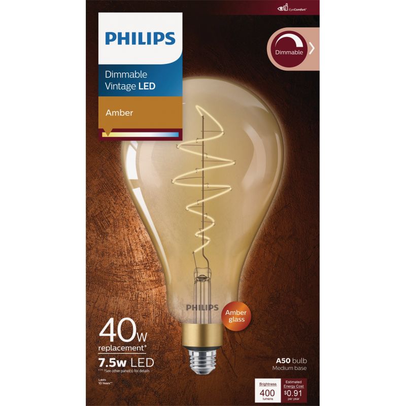 Philips Vintage A50 Amber Medium LED Decorative Light Bulb