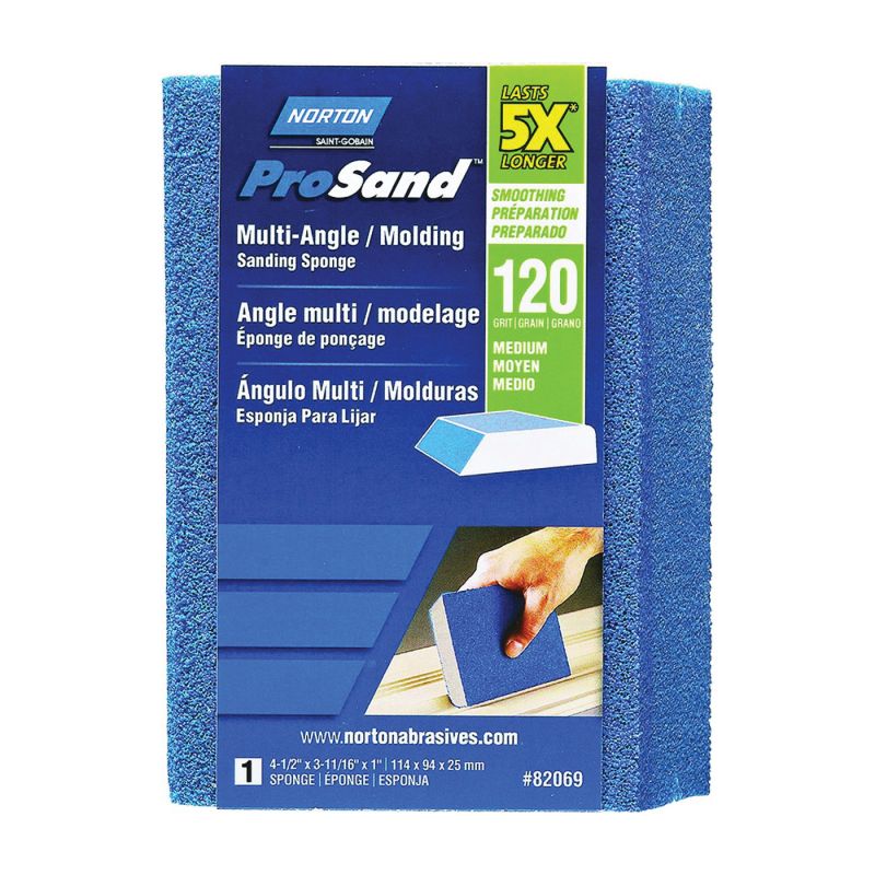 Norton ProSand 82069 Sanding Sponge, 4-1/2 in L, 3-11/16 in W, 120 Grit, Medium, Aluminum Oxide Abrasive