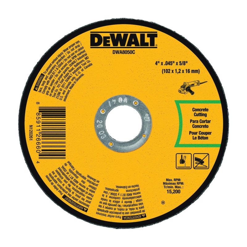 DeWALT DWA8050C Cutting Wheel, 4 in Dia, 0.045 in Thick, 5/8 in Arbor, Aluminum Oxide Abrasive