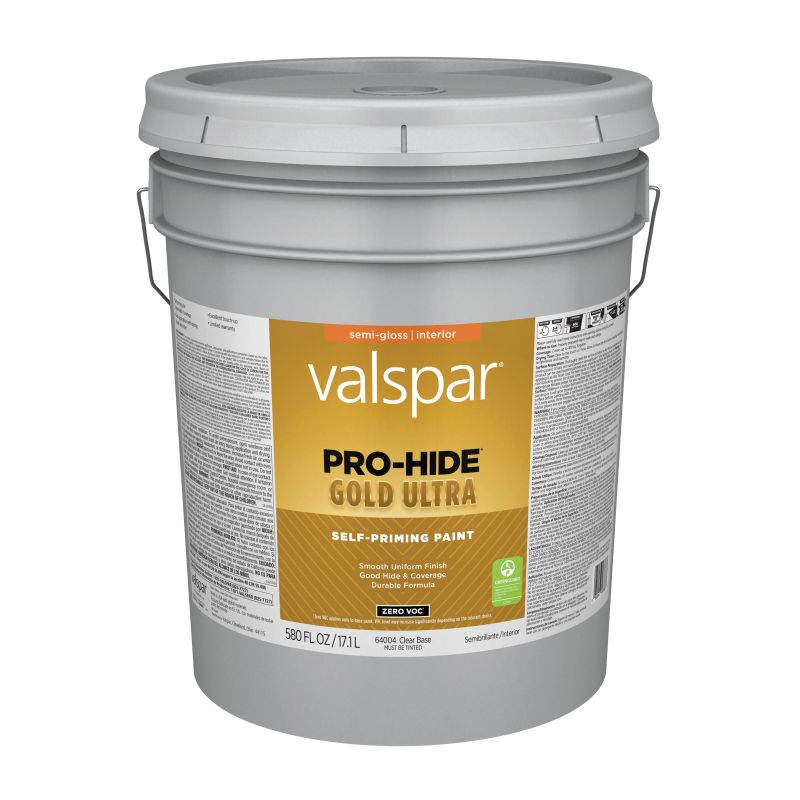 Valspar Pro-Hide Gold Ultra 6400 08 Latex Paint, Acrylic Base, Semi-Gloss, Clear Base, 5 gal Clear Base