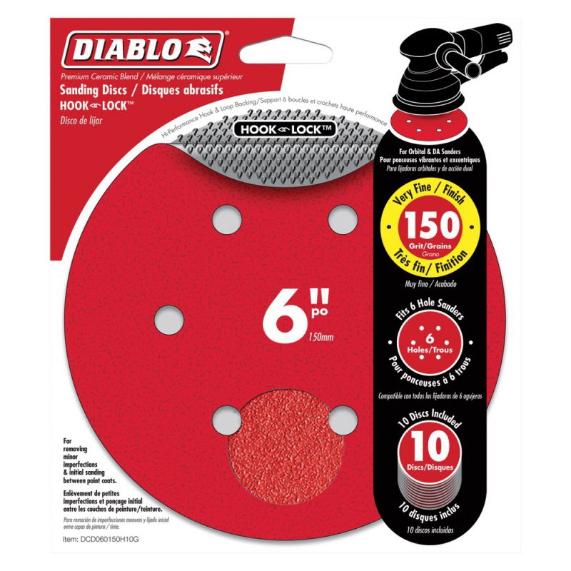 Diablo DCD060150H10G Sanding Disc, 6 in Dia, Coated, 150 Grit, Very Fine, Ceramic Abrasive, Paper Backing, 6-Hole
