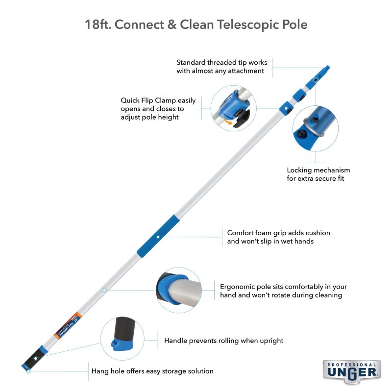 Unger Professional 972960 Telescopic Pole with Locking Cone and Quick-Flip Clamps, 6 ft Min Pole L, 18 ft Max Pole L Silver