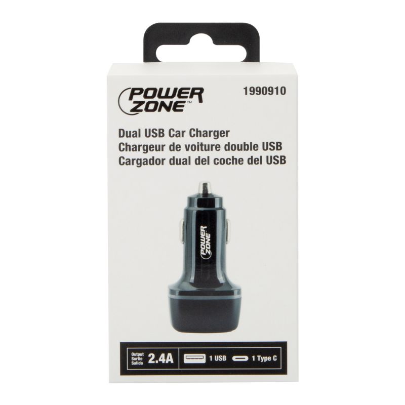 PowerZone U53 Dual USB Car Charger, 12 to 24 V Input, 5 V Output, 2.4 A Charge, Black Black