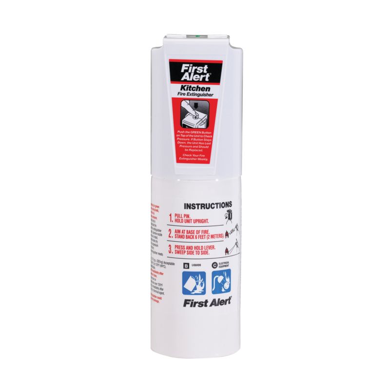 First Alert KITCHEN5 Fire Extinguisher, 1.4 lb, Sodium Bicarbonate, 5-B:C Class, Wall 1.4 Lb, White