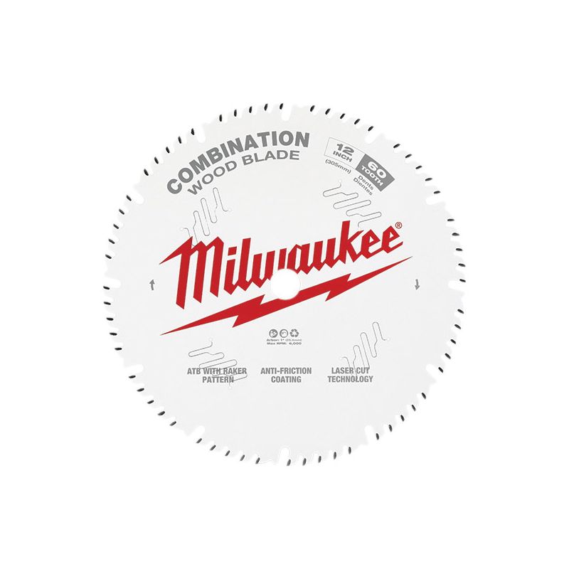Milwaukee 48-40-1222 Circular Saw Blade, 12 in Dia, 1 in Arbor, 60-Teeth, Carbide Cutting Edge, 1/PK