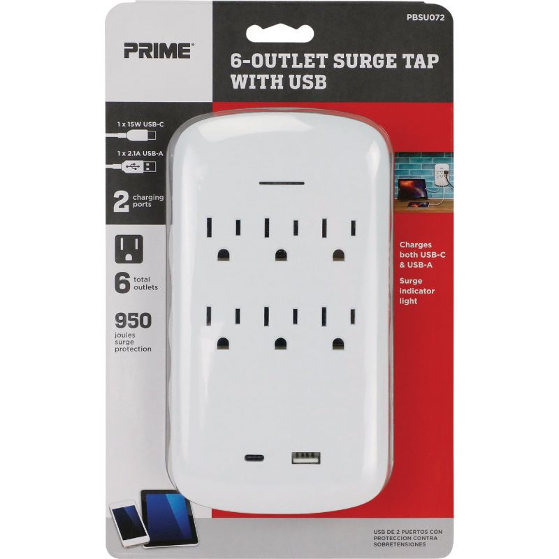 Prime 6-Outlet Tap &amp; USB Charger White, 15