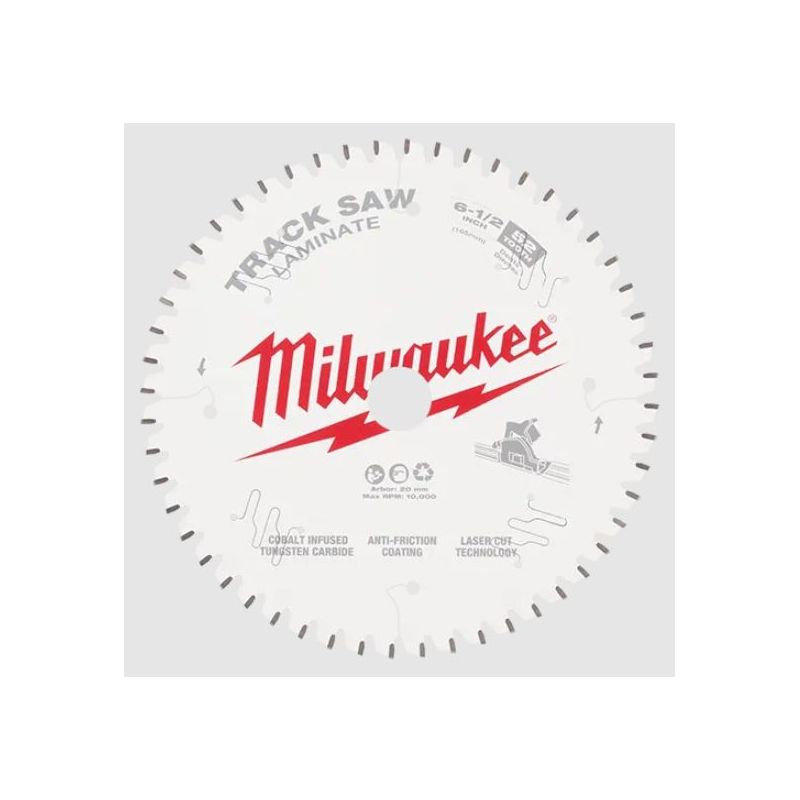 Milwaukee 48-40-0643 Track Saw Blade, 6-1/2 in Dia, 20 mm Arbor, 52-Teeth, Tungsten Carbide Cutting Edge White