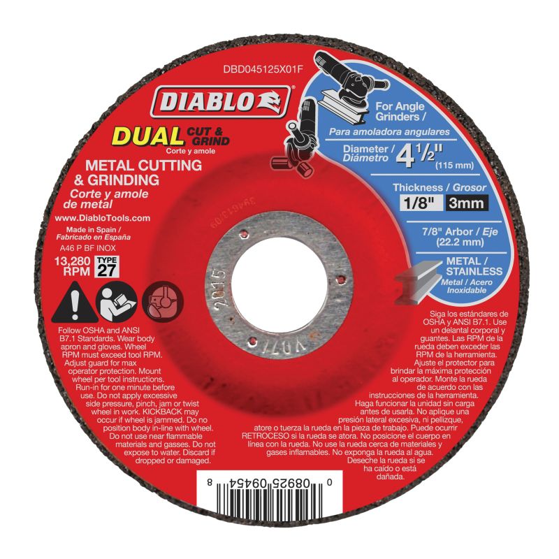 Diablo DBD045125X01F Cut and Grind Wheel, 4-1/2 in Dia, 1/8 in Thick, 7/8 in Arbor, Aluminum Oxide Abrasive