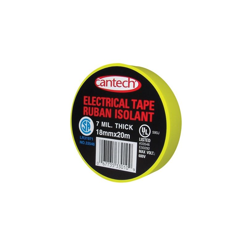 Cantech 330-05 Electrical Tape, 20 m L, 18 mm W, PVC Backing, Yellow Yellow