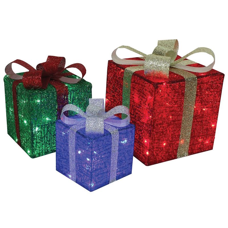 Hometown Holidays 56703 Pre-Lit 3D Gift Box, Mesh, Multi-Color, Mini Bulb, Internal Light/Music: Internal Light Multi-Color