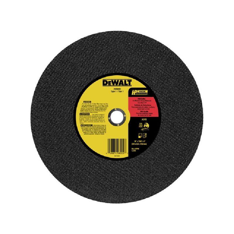 DeWALT HIGH PERFORMANCE DW8002 Chop Saw Wheel, 14 in Dia, 0.1094 in Thick, 1 in Arbor, 24 Grit
