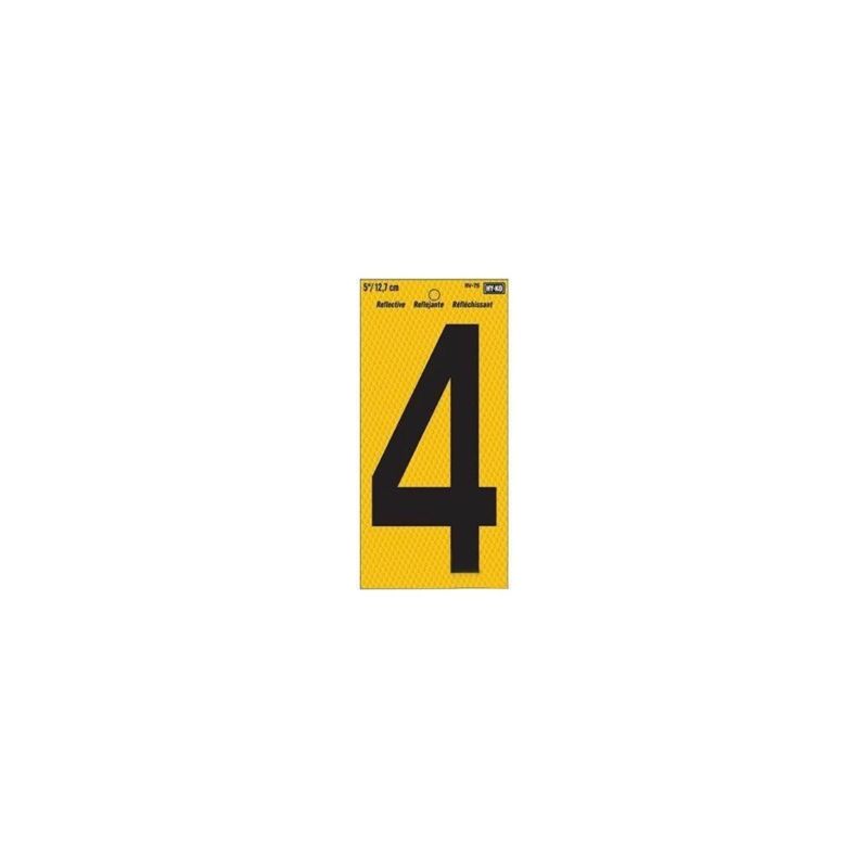 Hy-Ko RV-75/4 Reflective Sign, Character: 4, 5 in H Character, Black Character, Yellow Background, Vinyl