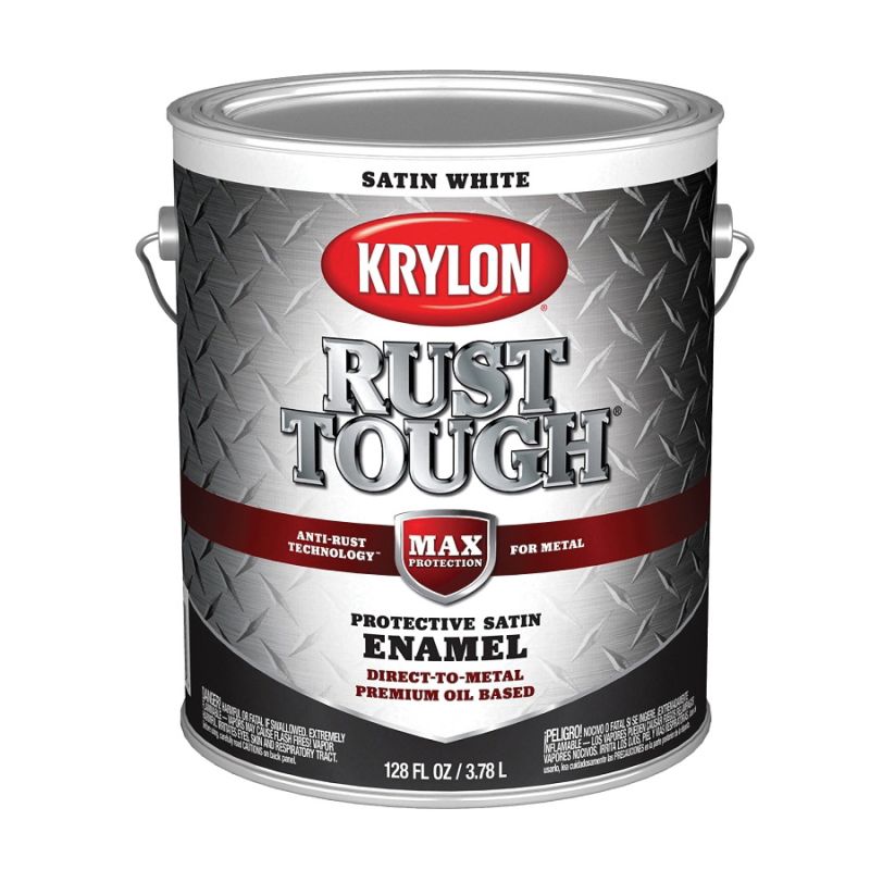 Krylon Rust Tough K09732008 Rust Preventative Paint, Satin, White, 1 gal, 400 sq-ft/gal Coverage Area White