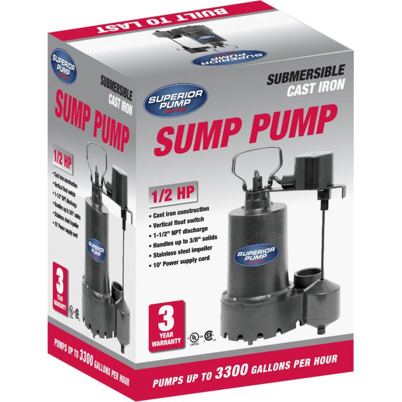 Superior Pump Cast Iron Submersible Sump Pump, Side Discharge 1/2 HP, 3300 GPH