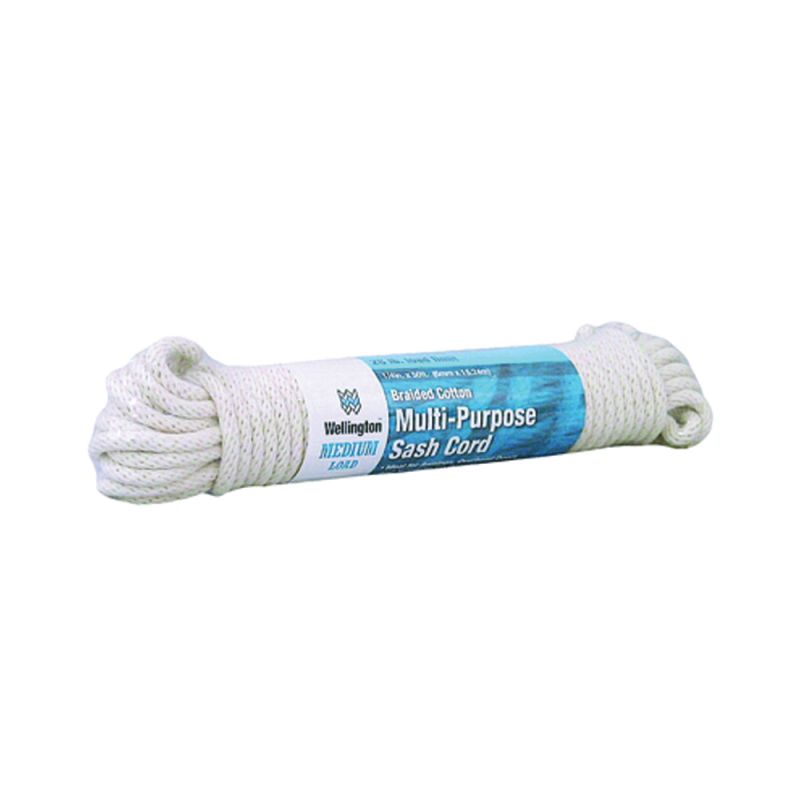 Wellington A3016H0050H10 Sash Cord, 1/4 in Dia, 50 ft L, #8, 28 lb Working Load, Cotton, Natural White #8, Natural White