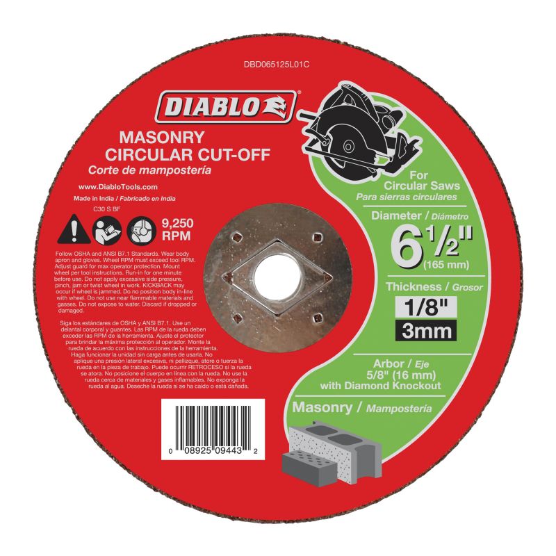 Diablo DBD065125L01C Cut-Off Wheel, 6-1/2 in Dia, 1/8 in Thick, 5/8 in Arbor, Aluminum Oxide Abrasive
