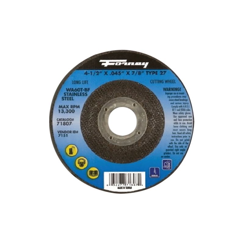 Forney 71807 Cut-Off Wheel, 4-1/2 in Dia, 0.045 in Thick, 7/8 in Arbor, 46 Grit, Medium, Aluminum Oxide Abrasive