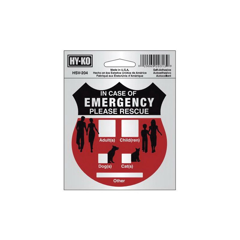 Hy-Ko HSV-204 Graphic Sign, IN CASE OF EMERGNCY PLEASE RESCUE, Silver Background, Vinyl, 4 in H x 4 in W Dimensions