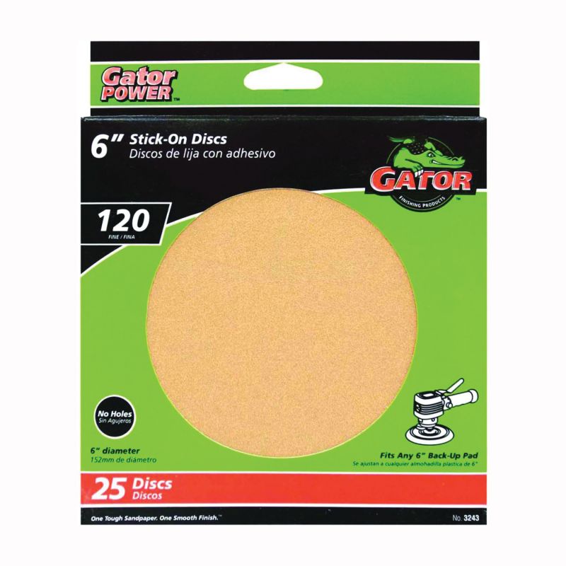 Gator 3243 Sanding Disc, 6 in Dia, Coated, 120 Grit, Fine, Aluminum Oxide Abrasive, Paper Backing Gold