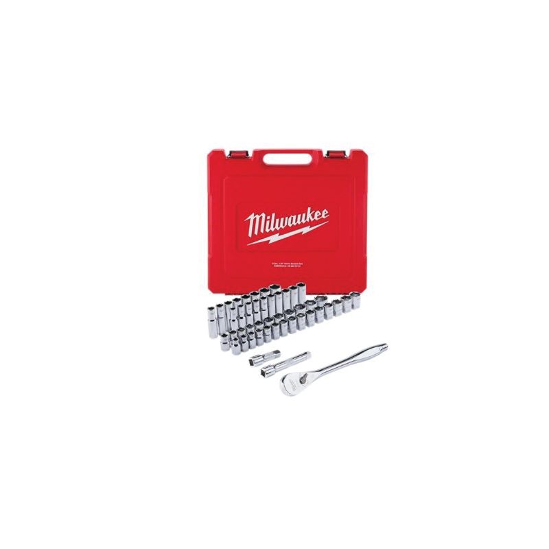 Milwaukee 48-22-9410 Ratchet and Socket Set, Alloy Steel, Specifications: 1/2 in Drive Size, SAE Measurement