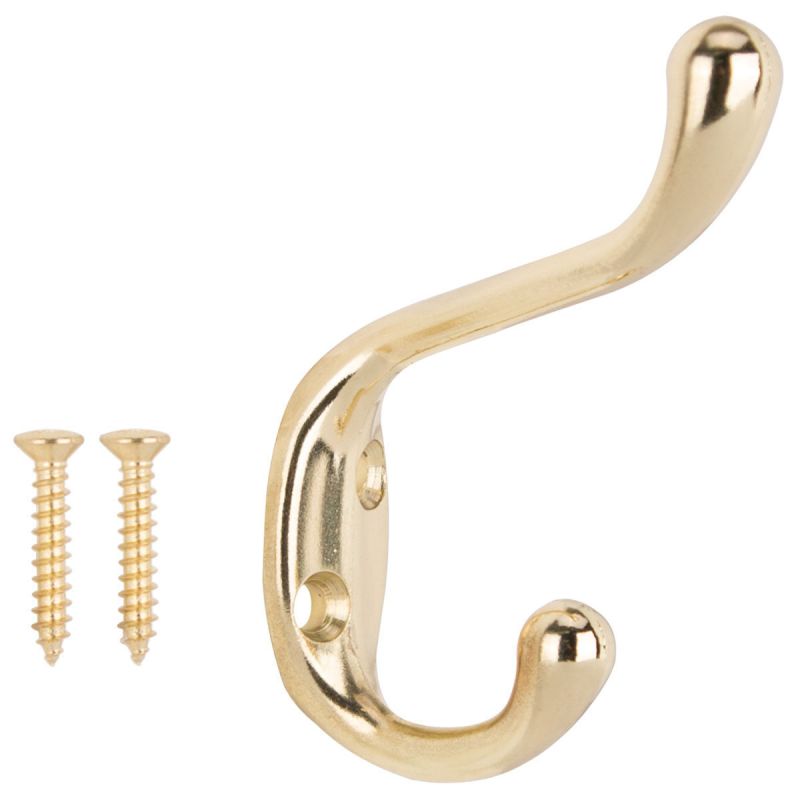 ProSource H6271007PB-PS Coat and Hat Hook, 22 lb, 2-Hook, 1-1/64 in Opening, Zinc, Polished Brass Gold