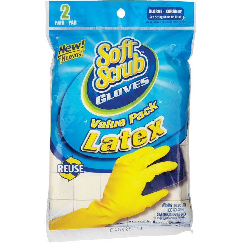 Soft Scrub 2-Pair Pack Latex Rubber Glove XL, Yellow