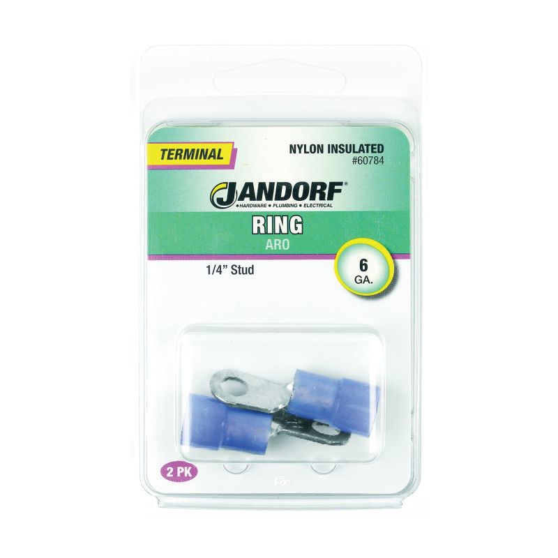 Jandorf 60784 Ring Terminal, 6 AWG Wire, 1/4 in Stud, Nylon Insulation, Copper Contact, Blue Blue