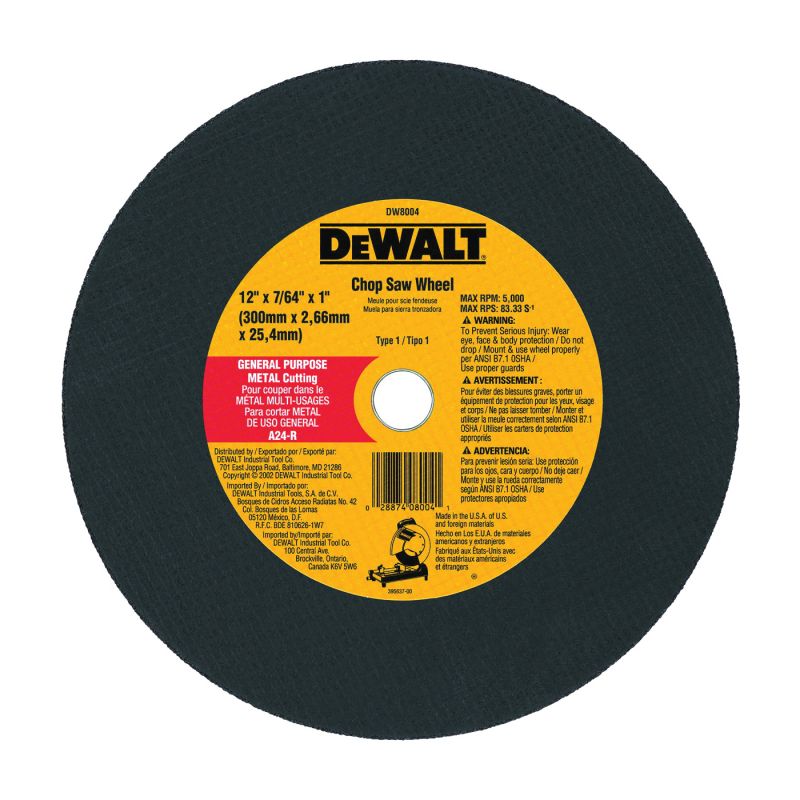 DeWALT DW8004 Cutting Wheel, 12 in Dia, 7/64 in Thick, 1 in Arbor, Coarse, Aluminum Oxide Abrasive Black/Yellow