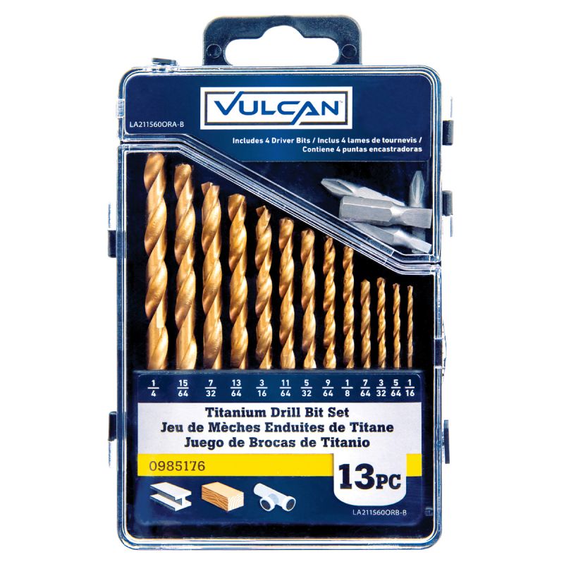 Vulcan 211560OR Carded Drill Bit Set, 13-Piece, High Speed Steel/Titanium Nitride, Bright Yellow Bright Yellow
