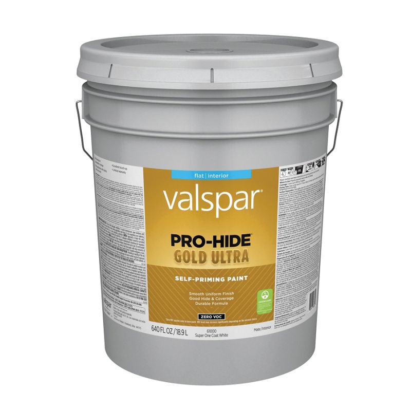 Valspar Pro-Hide Gold Ultra 6100 08 Latex Paint, Acrylic Base, Flat Sheen, Super One Coat White, 5 gal Super One Coat White