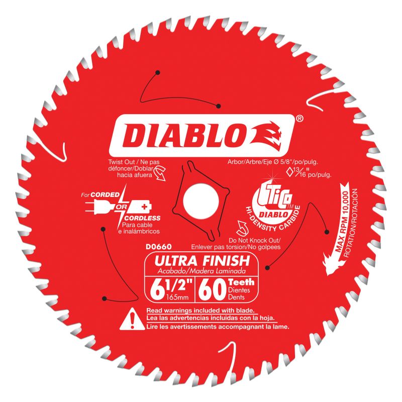 Diablo D0660A Circular Saw Blade, 6-1/2 in Dia, 5/8 in Arbor, 60-Teeth, Carbide Cutting Edge