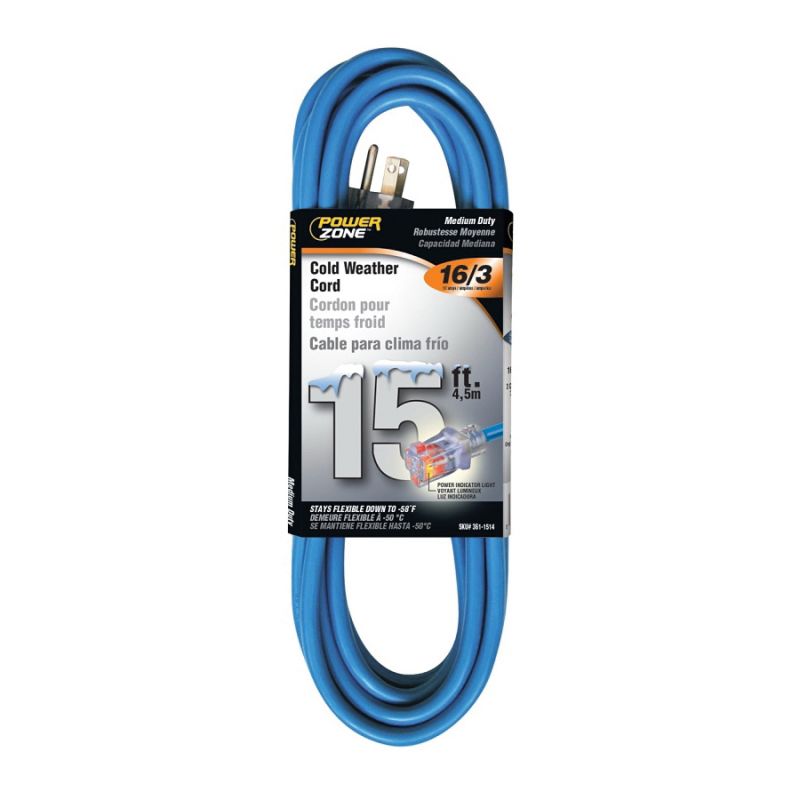 PowerZone Cold Weather Extension Cord, 16 AWG Cable, 5-15P Grounded Plug, 5-15R Grounded Receptacle, 15 ft L, 13 A, 125 V