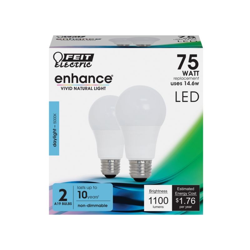 Feit Electric OM75/950CA10K/2 LED Bulb, General Purpose, A19 Lamp, 75 W Equivalent, E26 Lamp Base, White, Daylight Light