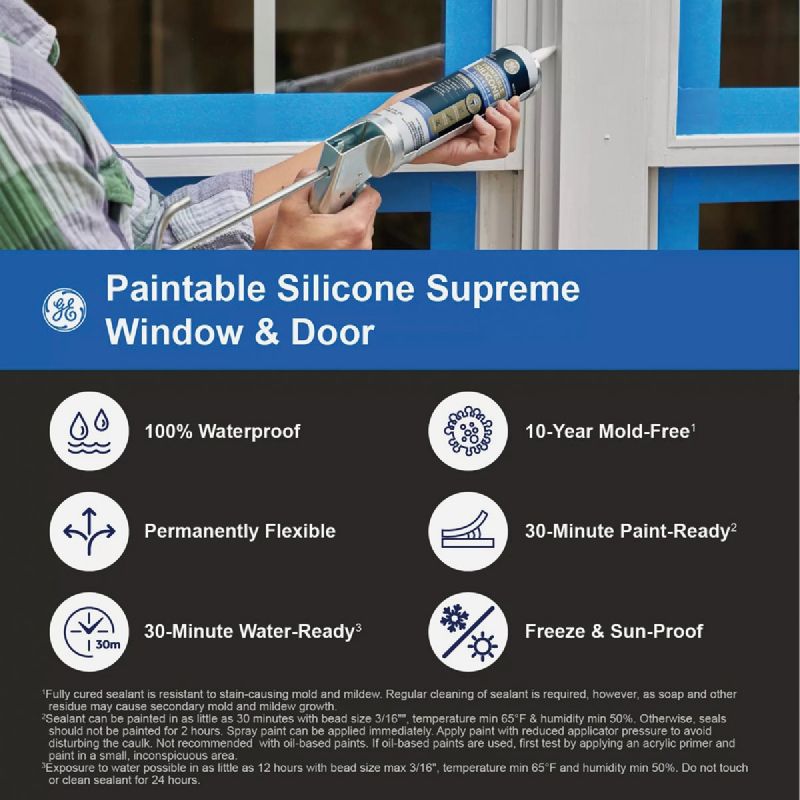 GE Supreme Paintable Window &amp; Door Silicone Sealant White, 10.1 Oz.