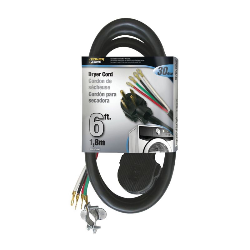 PowerZone Power Supply Dryer Cord, 10 AWG Cable, 6 ft L, 30 A, 250 V, Black