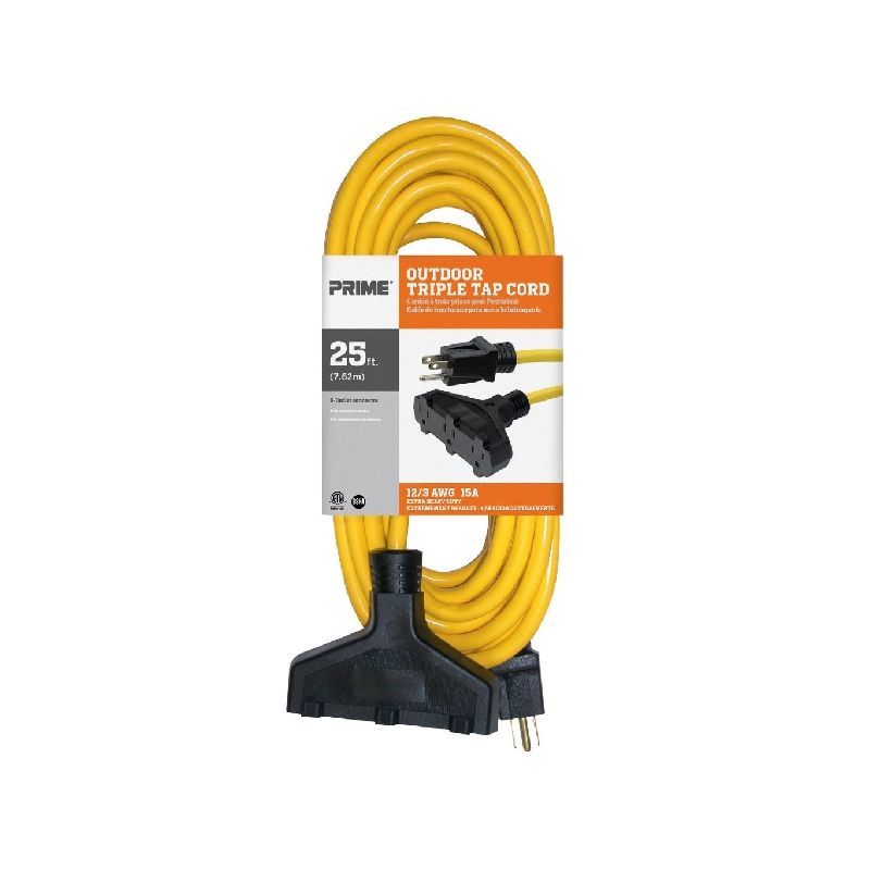 Prime EC600825 Extension Cord, 12/3 AWG Cable, 25 ft L, 15 A, 125 V, Yellow